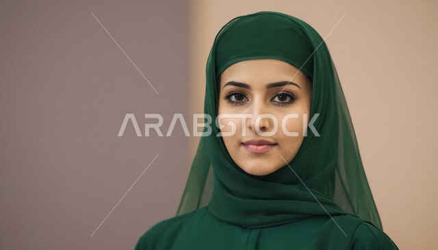 احتفالات ومناسبات وطنية تقليدية، الاحتفال بذكرى اليوم الوطني السعودي 23 سبتمبر والعيد الوطني، مشاعر الانتماء والحب للبلاد، بورتريه مقرب لإمرأة عربية خليجية سعودية مبتسمة ترتدي العباءة الخضراء تنظر إلى مكان ما بايماءات الفخر، يوم العلم 11 مارس، خلفية بيج