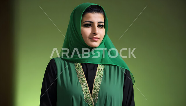 الاحتفال بذكرى اليوم الوطني السعودي 23 سبتمبر والعيد الوطني، مشاعر الانتماء والحب للبلاد، صورة مقربة لإمرأة عربية خليجية سعودية مبتسمة ترتدي العباءة الخضراء تنظر إلى مكان ما بايماءات الفخر، يوم العلم 11 مارس، احتفالات ومناسبات وطنية تقليدية