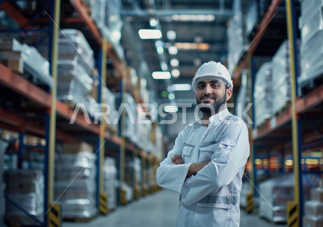 مراقبة سير عمل الآلات، وظائف ومهن هندسية شبابية، مصانع ومعامل المملكة العربية السعودية، متابعة عمليات الانتاج، صورة مقربة لمهندس صناعي عربي خليجي سعودي مبتسم يرتدي السترة البيضاء وخوذة الحماية يقف بأيدي متقاطعة داخل المصنع