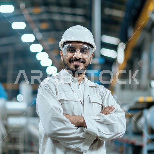 النظر إلى الكاميرا بايماءات السعادة، متابعة عمليات الانتاج، مراقبة سير عمل الآلات، مصانع ومعامل المملكة العربية السعودية، صورة مقربة لمهندس صناعي عربي خليجي سعودي مبتسم يرتدي السترة البيضاء وخوذة الحماية يقف بأيدي متقاطعة داخل المصنع، وظائف ومهن هندسية شبابية