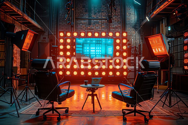 اضواء و أدوات التصوير، ديكورات وتحف فاخرة، نبات داخلي للزينة، اثاث راقي و أنيق، غرفة مقابلة مع كرسيان مريحان، الاستوديو الداخلي للبودكاست