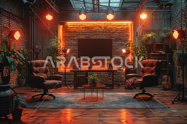 الاستوديو الداخلي للبودكاست، اضواء و أدوات التصوير، ديكورات وتحف فاخرة، نبات داخلي للزينة، اثاث راقي و أنيق، غرفة مقابلة مع كرسيان مريحان