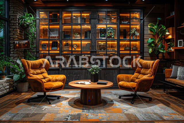 ديكورات وتحف فاخرة، نبات داخلي للزينة، اثاث راقي و أنيق، غرفة مقابلة مع كرسيان مريحان، الاستوديو الداخلي للبودكاست، اضواء و أدوات التصوير