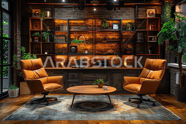 Luxurious antiques and decorations, an indoor decorative plant, sophisticated and elegant furniture, an interview room with two comfortable chairs, an indoor podcast studio, lights and photography tools.