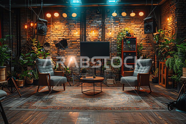 غرفة مقابلة مع كرسيان مريحان، الاستوديو الداخلي للبودكاست، اضواء و أدوات التصوير، اثاث راقي و أنيق، تحف وديكورات فاخرة، نبات داخلي للزينة