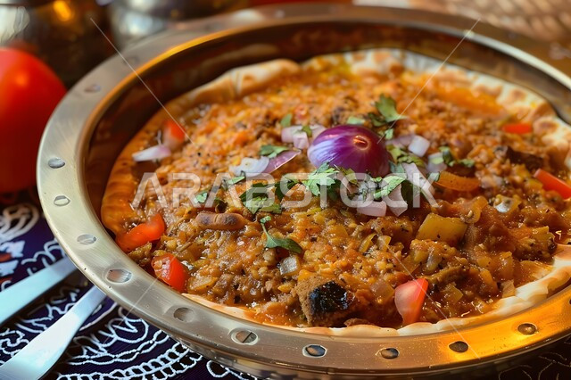 طبق من القرصان المحشي باللحم والخضار، فنون تقديم الطعام في المطاعم الشرقية، أكلات عربية خليجية سعودية شهية، وصفات طعام تقليدية لذيذة، مأكولات وأطباق شعبية نجدية 