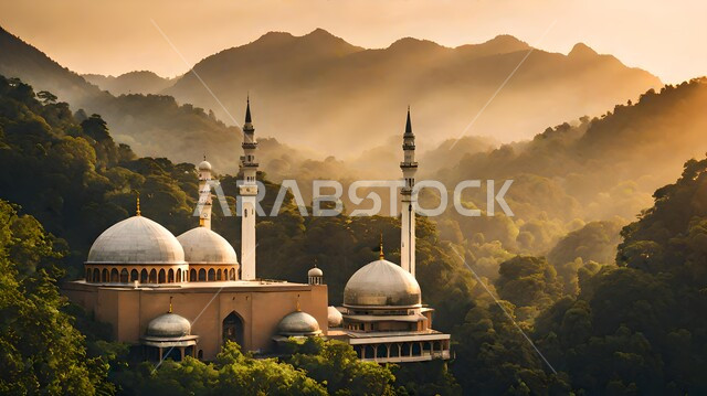 القمم والمرتفعات الجبلية، الفن الهندسي المعماري للمساجد على الطراز الاسلامي، مجسم ثلاثي الابعاد لمسجد في وسط الغابة، الأشجار والنباتات الخضراء، خلفية اسلامية دينية