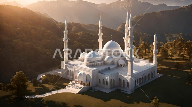 الفن الهندسي المعماري للمساجد على الطراز الاسلامي، مجسم ثلاثي الابعاد لمسجد في وسط الغابة، القمم والمرتفعات الجبلية، الأشجار والنباتات الخضراء، خلفية اسلامية دينية