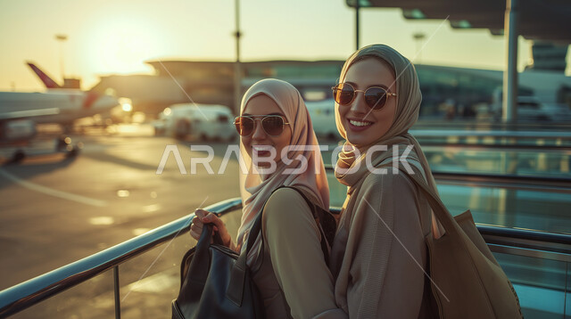 مفهوم السفر وزيارة مدن مختلفة، شابتان عربيتان خليجيتان سعوديتان محجبتان تحملان الأمتعة تقفان في شرفة المطار، النظر الى الكاميرا بسعادة، ايماءات الحماس والفرح بالسياحة، الذهاب في عطلة صيفية ممتعة