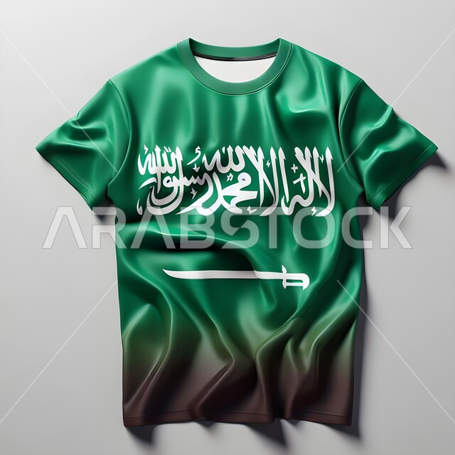 Commemorating the Saudi National Day on September 23, showing loyalty and love for the Saudi state, celebrating national holidays and events, Flag Day March 11, green Saudi flag T-shirt, white background