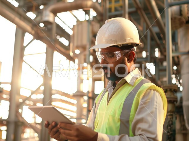 متابعة عمل آلات ومعدات المعمل والتحكم بهم باستخدام التقنية والتكنولوجيا, صورة مقربة لمهندس عربي خليجي سعودي يرتدي السترة الواقية وخوذة ونظارات الحماية يحمل بيده جهاز التابلت، التطور والتحول التقني الحديث، مهن ووظائف سعودية