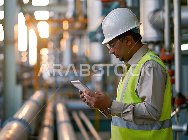 Achieving the industrial revolution, adopting modern techniques and technology in engineering, quality production and manufacturing, a picture from the side of a Saudi Arabian Gulf engineer wearing a safety vest, glasses and a protection helmet following the progress of the factory’s work using a tablet, Saudi professions and jobs