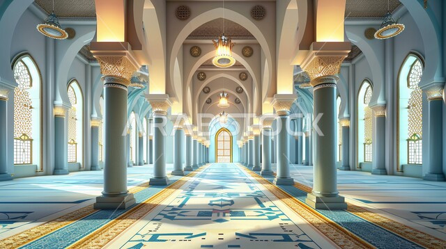 Architectural engineering art of mosques, decorations and interior designs of mosques in the Islamic style, sacred religious places, worship and getting closer to God, illustrations of an Arab mosque from the inside