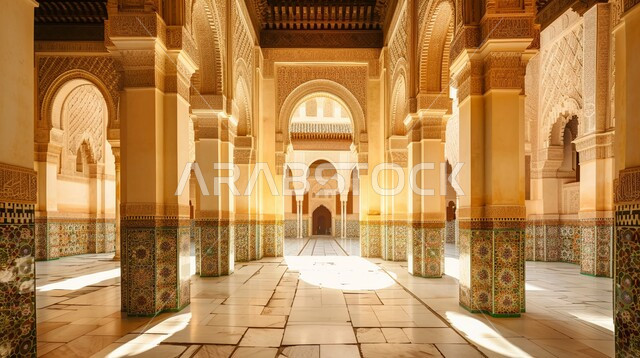 الديكور الداخلي لباحة جامع، الفن الهندسي المعماري للمساجد على الطراز الإسلامي، أماكن دينية مقدسة، العبادة والتقرب الى الله، صورة من داخل مسجد للأعمدة والأقواس المزخرفة بزخارف عربية