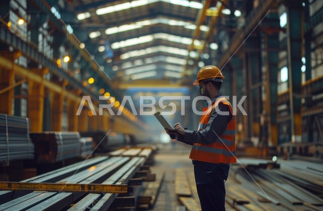 التحقق من جودة إنتاج القضبان الحديدية عبر الحاسوب المحمول، استخدام الأجهزة والتقنيات الحديثة والمتطورة في المجالات الهندسية، صورة من الجانب لمهندس صناعي عربي خليجي سعودي في مصنع الحديد يرتدي خوذة وسترة الحماية الخاصة بالعمل