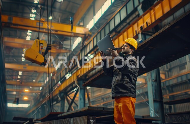 استخدام الأجهزة والتقنيات الحديثة والمتطورة في المجالات الهندسية، مهندس صناعي عربي خليجي سعودي في مصنع الحديد يرتدي خوذة وسترة الحماية الخاصة بالعمل، التحقق من جودة إنتاج القضبان الحديدية عبر الحاسوب المحمول