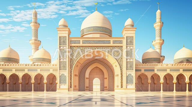 مجسم ثلاثي الابعاد لمسجد، الفن الهندسي المعماري للمساجد على الطراز الاسلامي، خلفية رمضانية دينية، الاحتفال بقدوم شهر رمضان المبارك