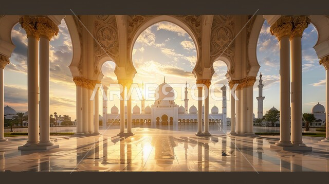 منظر السماء في وقت غروب الشمس، اعمدة وأقواس الساحة الخارجية للمسجد المزخرفة برخا ف عربية، الفن الهندسي المعماري لللمساجد على الطراز الاسلامي، خلفية اسلامية دينية