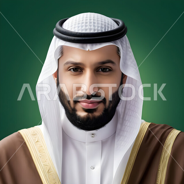 Staring, contemplating and focusing, the concept of elegance and masculinity, attention to external appearance, a close-up portrait of a Saudi Gulf Arab young man wearing traditional clothing looking at the camera with gestures of seriousness and self-confidence, green background.