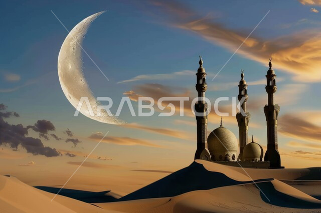 العبادة والتقرب الى الله تعالى، رسوم توضيحية ثلاثية الأبعاد لمسجد عربي في وسط الصحراء، الفن الهندسي المعماري للمساجد على الطراز الإسلامي، هلال شهر رمضان المبارك