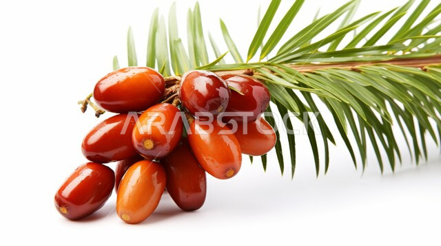 أنواع التمور الفاخرة في المملكة العربية السعودية، منتجات محلية وطنية، وجبة ذات قيمة غذائية عالية، عنقود من حبات التمر الصحي شقراء اللون، ثمار نخيل الزيت الطازجة، خلفية بيضاء