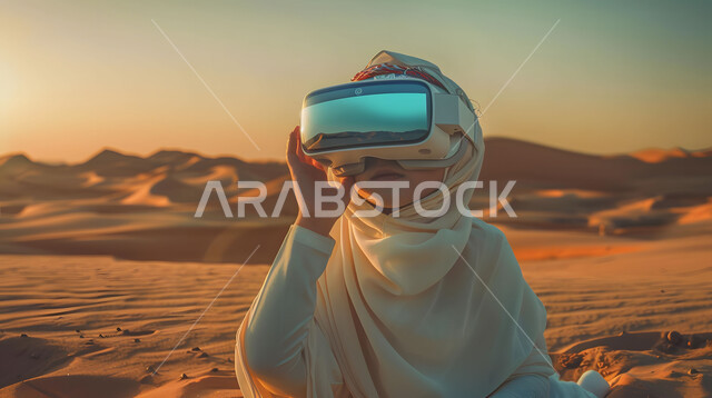  مفهوم مواكبة تطور العلوم والتكنولوجيا, تقنيات حديثة وأجهزة الكترونية عالية الدقة, الاندماج والتفاعل ومحاكاة الواقع الافتراضي, صورة مقربة لفتاة عربية خليجية سعودية ترتدي الزي الشعبي تضع نظارة ثلاثية الأبعاد وتنظر إلى شيء ما في الصحراء, خلفية الطبيعة الصحراوية