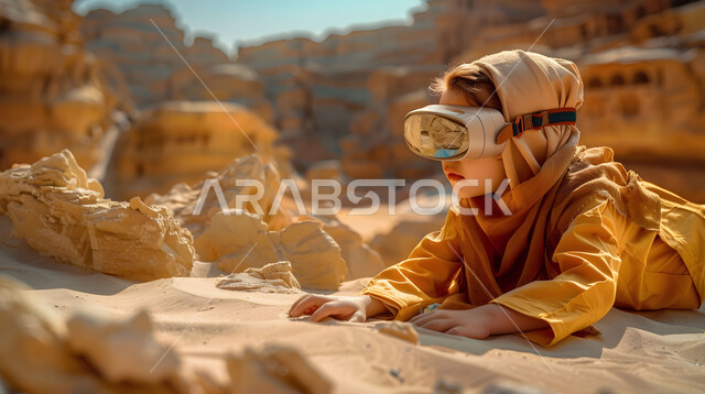 Spending enjoyable time with useful experiences, interacting and merging with virtual reality, a Saudi Gulf Arab boy wearing traditional clothing, putting on 3D glasses and looking at something in the desert areas, modern and advanced science and technology, background of the Kingdom’s deserts