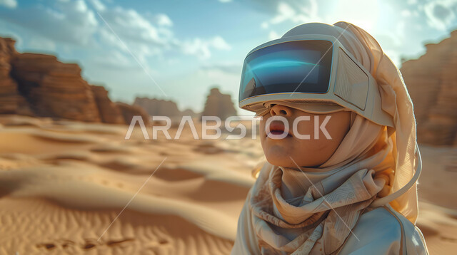 Integration, interaction and simulation of virtual reality, a close-up image of a Saudi Gulf Arab child wearing a traditional costume, putting on 3D glasses and looking at something in the desert, the concept of keeping up with the development of science and technology, modern technologies and high-resolution electronic devices, desert nature background