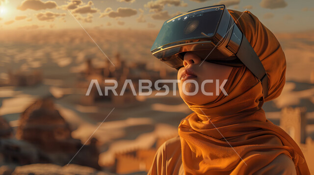 Spending enjoyable time with useful experiences, interacting and merging with virtual reality, a Saudi Arabian Gulf girl wearing folk costume, putting on 3D glasses and looking at something in the desert areas, modern and advanced science and technology, background of the Kingdom’s deserts