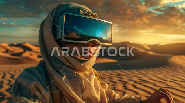  التفاعل والاندماج مع الواقع الافتراضي, العلوم والتكنولوجيا الحديثة والمتطورة, صورة مقربة لفتاة عربية خليجية سعودية ترتدي الزي الشعبي تضع نظارة ثلاثية الأبعاد وتنظر إلى شيء ما في المناطق الصحراوية, الرمال والكثبان الذهبية الناعمة، خلفية صحاري المملكة