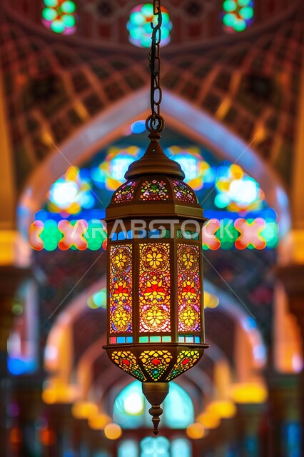 الفن الهندسي المعماري على الطراز الاسلامي لبناء المساجد في المملكة العربية السعودية, ديكورات هندسية فنية راقية, صورة مقربة لفانوس معدني مزخرف متوهج, زينة الأعياد والمناسبات الاسلامية, استقبال المسلمين لشهر رمضان المبارك