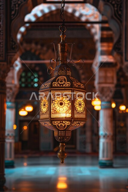ديكورات هندسية فنية راقية, الفن الهندسي المعماري على الطراز الاسلامي لبناء المساجد في المملكة العربية السعودية, صورة مقربة لفانوس معدني مزخرف متوهج, زينة الأعياد والمناسبات الاسلامية, استقبال المسلمين لشهر رمضان المبارك