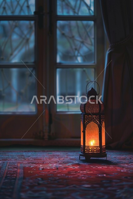 ديكورات وزينة الأعياد والمناسبات الاسلامية, فانوس معدني تقليدي مضيء على سجادة في الغرفة, الاحتفال بقدوم شهر رمضان المبارك,الأجواء الرمضانية الروحانية