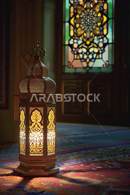 الفن الهندسي المعماري في المملكة العربية السعودية, صورة مقربة لفانوس معدني مزخرف متوهج, زينة الأعياد والمناسبات الدينية, الزخارف والنقوش الاسلامية, الأجواء الرمضانية الروحانية, ديكورات هندسية فنية راقية