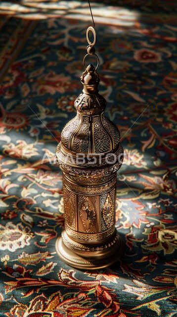 الاحتفال بقدوم شهر رمضان المبارك, ديكورات وزينة الأعياد والمناسبات الدينية, زخارف ونقوش اسلامية, صورة مقربة لفانوس معدني تقليدي مضيء على سجادة في الغرفة, الأجواء الرمضانية الروحانية