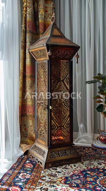  ديكورات وزينة الأعياد والمناسبات الدينية, زخارف ونقوش اسلامية, صورة مقربة لفانوس معدني تقليدي مضيء على سجادة في الغرفة, الأجواء الرمضانية الروحانية, الاحتفال بقدوم شهر رمضان المبارك