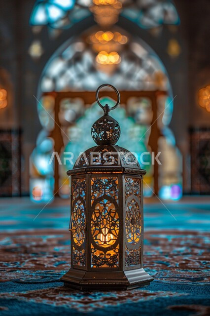 الأجواء الرمضانية الروحانية, ديكورات هندسية فنية راقية, الفن الهندسي المعماري في المملكة العربية السعودية, صورة مقربة لفانوس معدني مزخرف متوهج, زينة الأعياد والمناسبات الدينية, الزخارف والنقوش الاسلامية