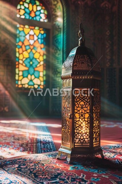 الفن الهندسي المعماري في المملكة العربية السعودية, صورة مقربة لفانوس معدني مزخرف متوهج, زينة الأعياد والمناسبات الدينية, الزخارف والنقوش الاسلامية, الأجواء الرمضانية الروحانية, ديكورات هندسية فنية راقية