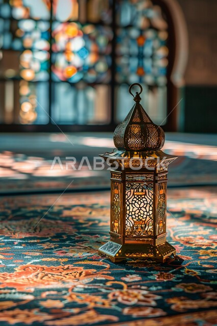 Decorations for holidays and religious occasions, Islamic decorations and inscriptions, spiritual Ramadan atmosphere, fine artistic geometric decorations, architectural art in the Kingdom of Saudi Arabia, a close-up image of a glowing decorative metal lantern