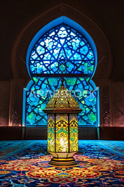 الأجواء الرمضانية الروحانية, ديكورات هندسية فنية راقية, الفن الهندسي المعماري في المملكة العربية السعودية, صورة مقربة لفانوس معدني مزخرف متوهج, زينة الأعياد والمناسبات الدينية, الزخارف والنقوش الاسلامية
