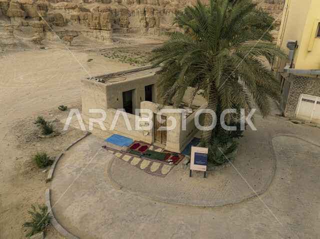 جامع التهيمية من الطين و الحجر بجانبه أشجار النخيل، مسجد قديم في منطقة الأحساء بالمملكة العربية السعودية ، الفن الهندسي المعماري على الطراز القديم ،  معالم اثرية دينية تاريخية