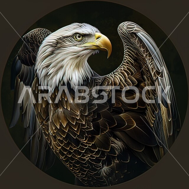 A natural reserve for raising and training birds of prey in Saudi Arabia, a predatory falcon with a keen eye, a close-up photo of a sharp-eyed eagle of prey standing tall, hunting and wildlife trips, black background