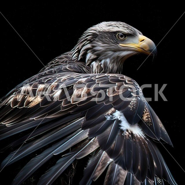 صورة مقربة لطائر النسر الجارح حاد العينين يقف بشموخ، رحلات الصيد والحياة البرية، محمية طبيعية لتربية وتدريب الطيور الجارحة في السعودية، صقر مفترس ذو نظر ثاقب، خلفية سوداء