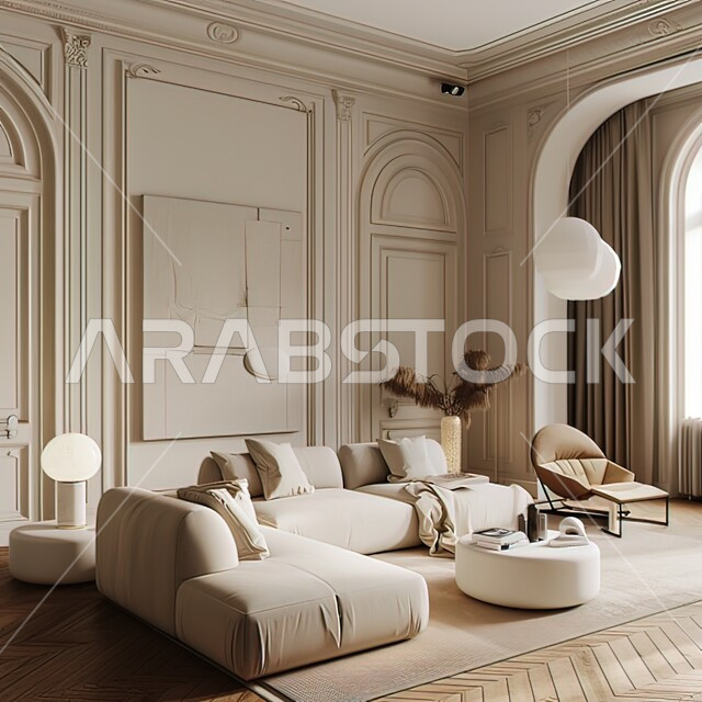 تصميم داخلي حديث لشقة سكنية، التصاميم والديكورات الداخلية لغرفة معيشة بأثاث منزلي راقي، اختيار الألوان المناسبة والتنسيق بين الأثاث والإكسسوارات، استخدام المفروشات ذو التصاميم العصرية