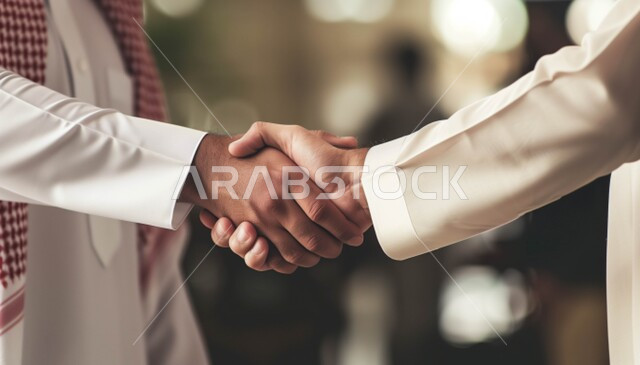 عقد صفقة عمل جديده, الترحيب والسلام والاستقبال، صورة مقربة لأيدي رجلين عربيين سعوديين خليجيين يرتديان الزي السعودي التقليدي يقومان بمصافحة بعضهما، الإتفاق على المشاريع التجارية، مفهوم شركاء العمل، التعاون بين الشركات العربيه في المملكه السعوديه