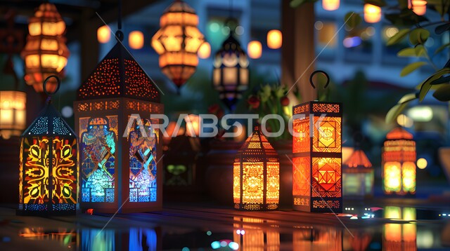 مصبابيح مضيء موضوعة على طاولة خشبية، زينة واكسسوارات وأضواء رمضان المبارك، الأجواء الرمضانية الروحانية في شهر الخير والبركة، فانوس معدني تقليدي، الاحتفال بالاعياد والمناسبات الدينية