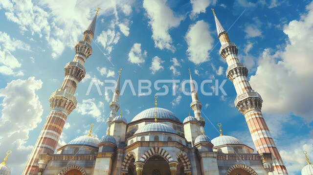 القبب والمآذن المتميزة، ديكورات وتصاميم على الطراز الاسلامي، الفن الهندسي المعماري للمساجد، صورة مقربة لمسجد عربي فاخر، العبادة والتقرب إلى الله، آداء الفرائض والصلوات، خلفيات دينية رمضانية، منظر السماء المليئة بالغيوم