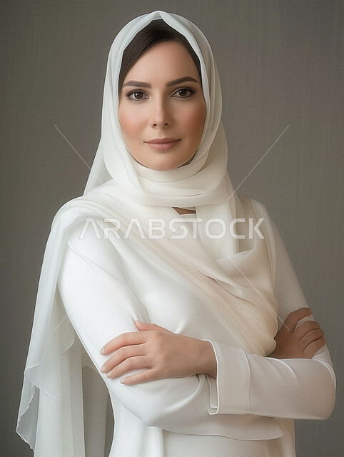 إلتقاط الصور الشخصية للوثائق الرسمية، الاهتمام بالأناقة والمظهر الخارجي، مفهوم الأنوثة والنعومة، بورتريه مقرب لامرأة عربية خليجية سعودية محجبة تنظر الى الكاميرا، الوقوف بأيدي متقاطعة وإيماءات الثقة بالنفس، خلفية رمادية
