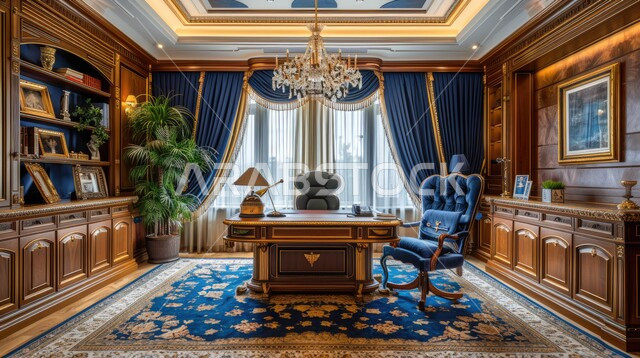 مجسمات أنيقة لمكتب عمل حديث متطور، الاطلالة على المدينة من خلال النوافذ الزجاجية الكبيرة، غرفة الأعمال الواسعة المجهزة بالمعدات والادوات، تصميم عصري وفاخر لمكاتب الشركات في المملكة العربية السعودية، غرف مكتبية بتصاميم داخلية وديكورات راقية