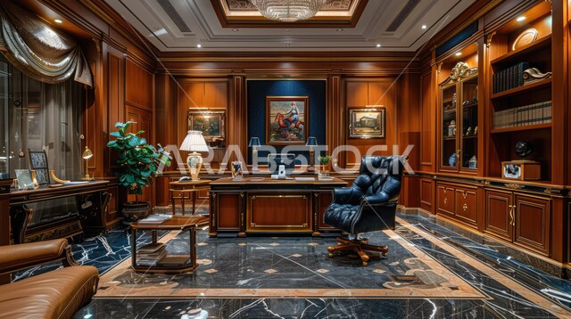 مفهوم الفن الهندسي المعماري في المملكة العربية السعودية، مكاتب وشركات بتصاميم داخلية و ديكورات حديثة، تصميم عصري حديث لغرف العمل الواسعة المجهزة بالمعدات والأدوات، تحف واكسسوارات وأثاث فاخر